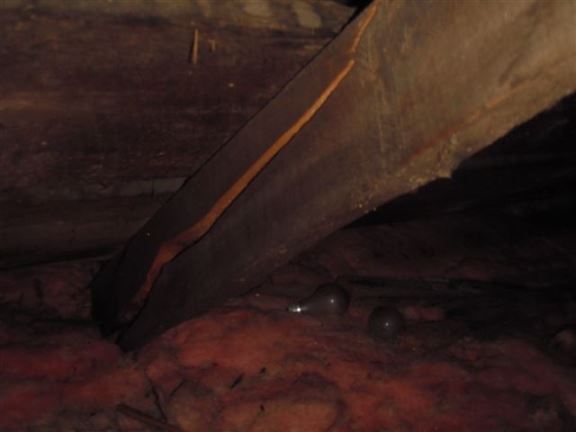 This split roof rafter has completely failed � can cause roof sag or full collapse.